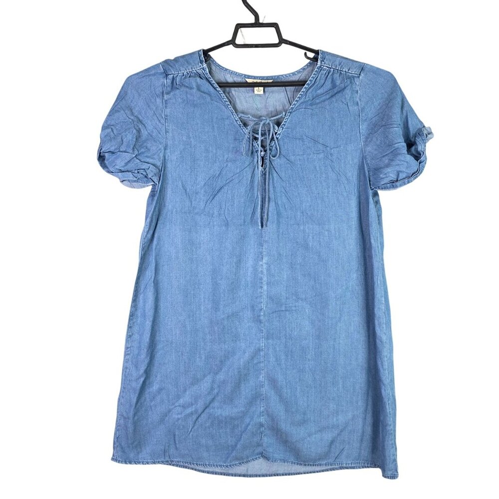 Womens Lucky Brand Blue Lyocell Tunic Dress Short Sleeve Lace Up Neckline Size L